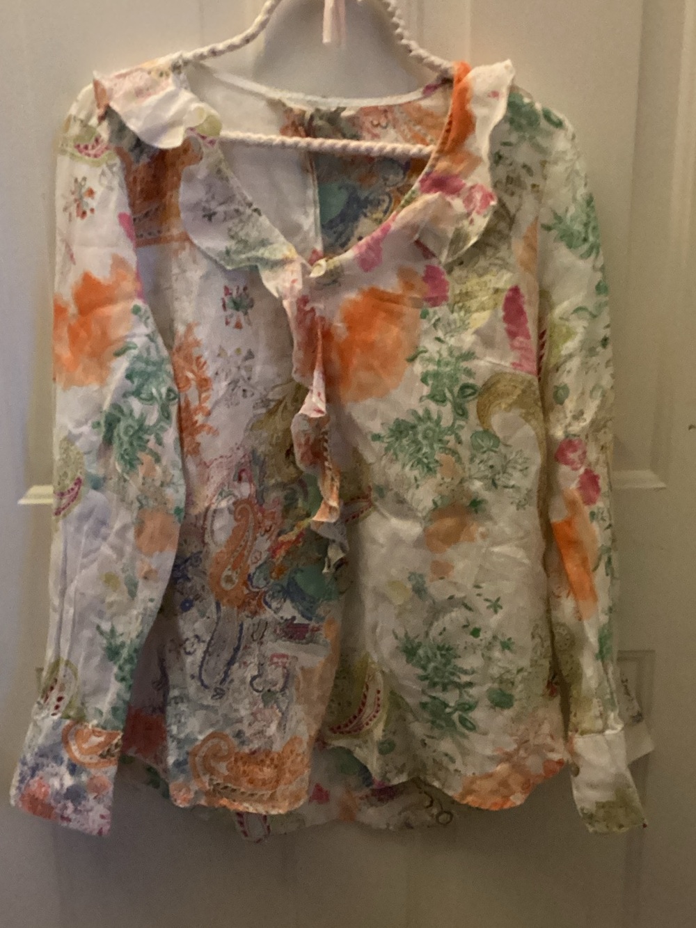 Soft Surroundings ruffle collar 100% linen floral blouse-SZ M - Picture 1 of 4